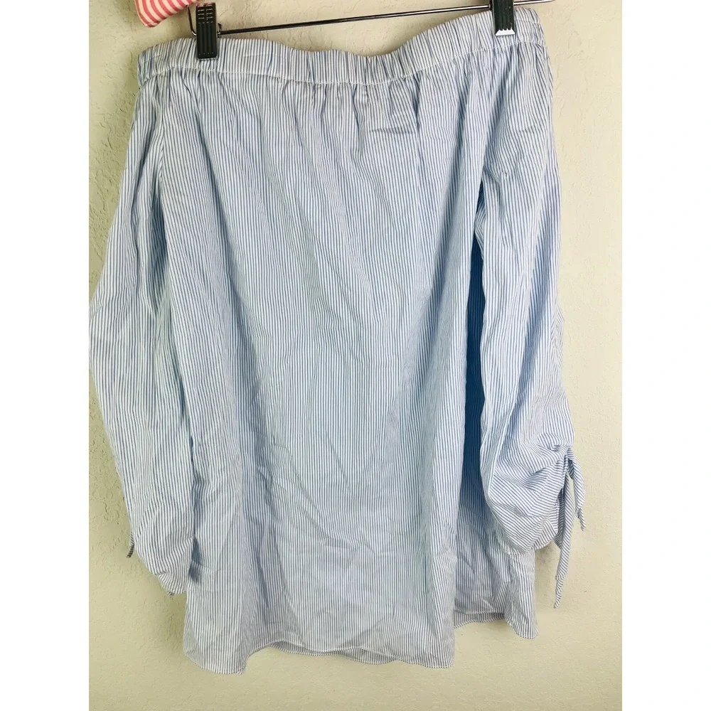 DO+BE‎ Blue White Stripe Off Shoulder Blouse Tie Sleeve Balloon Hem Size Small - Picture 2 of 9